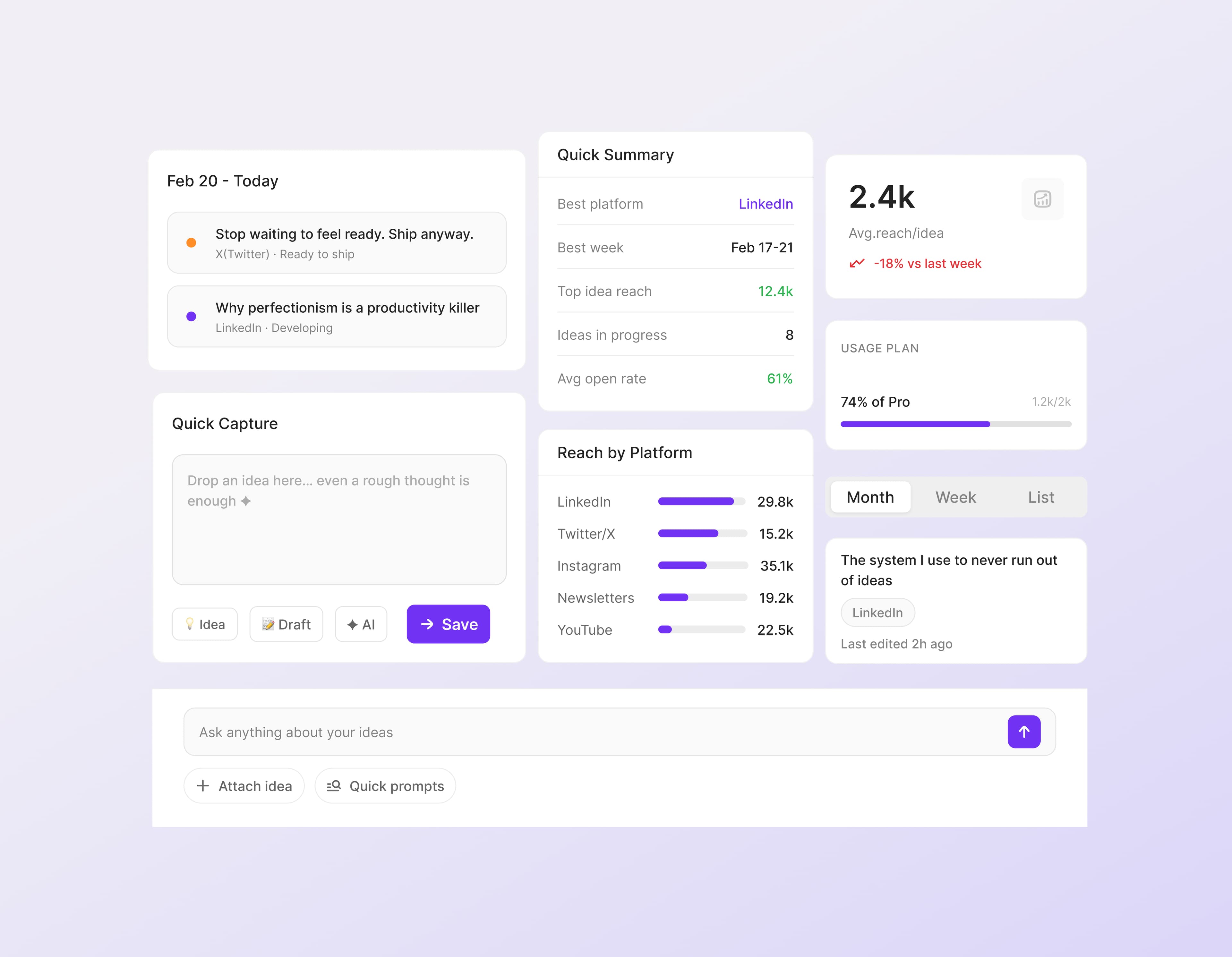 Orrin design system components including capture widget, summary cards, and AI prompt bar